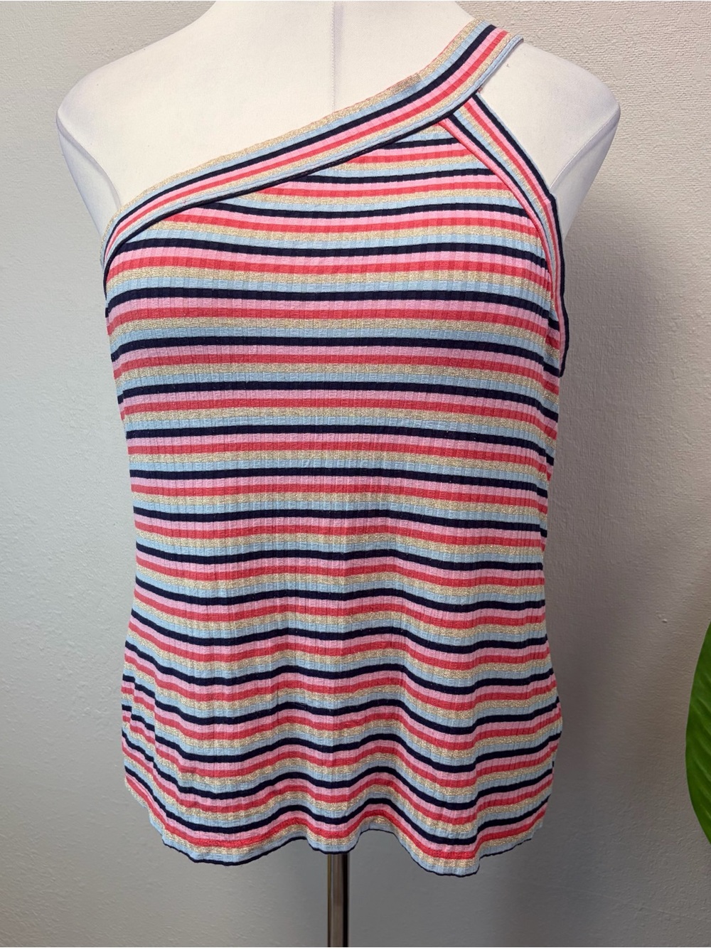 Trina Turk One-Shoulder Striped Ribbed Tank Top - Pink, Navy, Light Blue